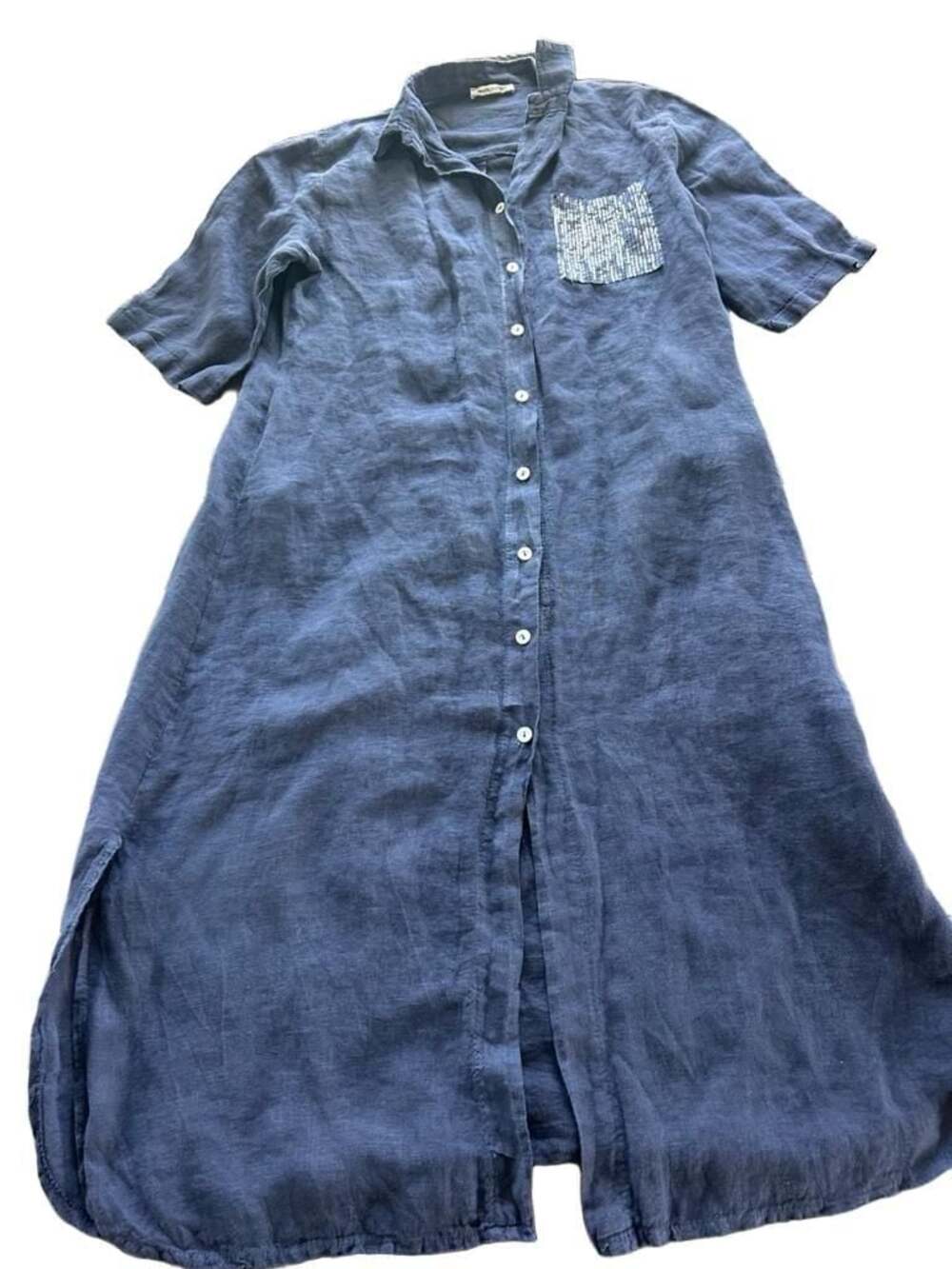 Made in Italy 100% Lino Blue Linen Sequin Pocket Midi Shirt Dress